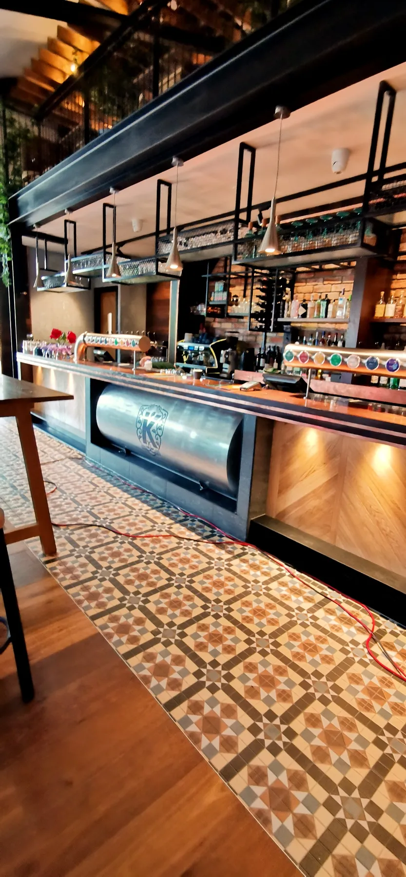Kaiser Brew Garden bar with patterned encaustic floor tiling, Riverside Market Christchurch