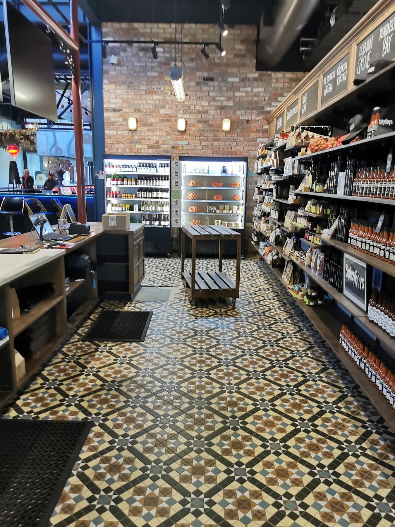 Riverside Market deli — patterned encaustic floor tiling, Christchurch CBD