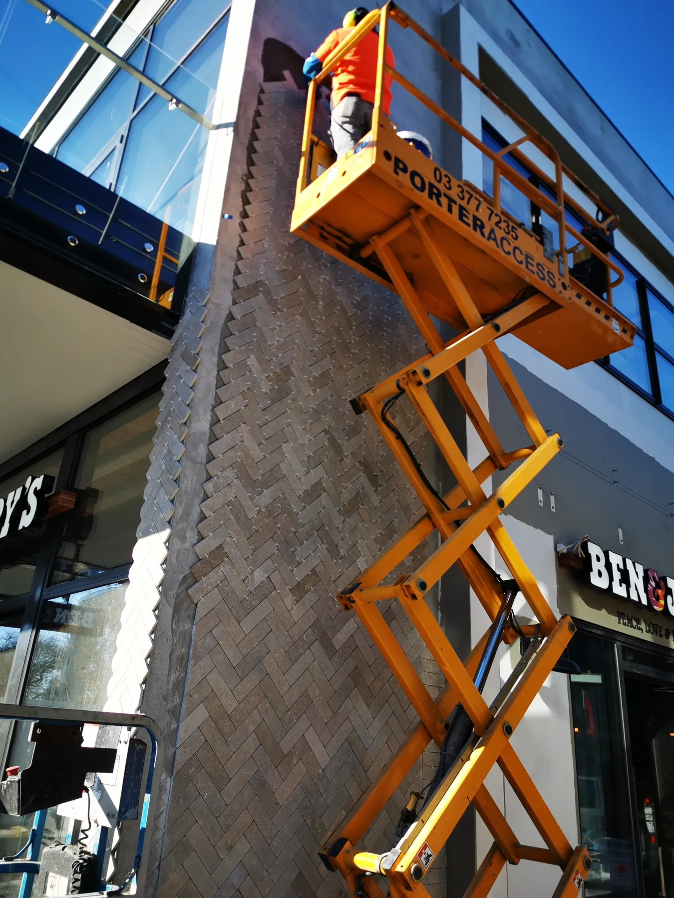 Riverside Market herringbone stone facade tiling at Ben & Jerry’s, Christchurch CBD